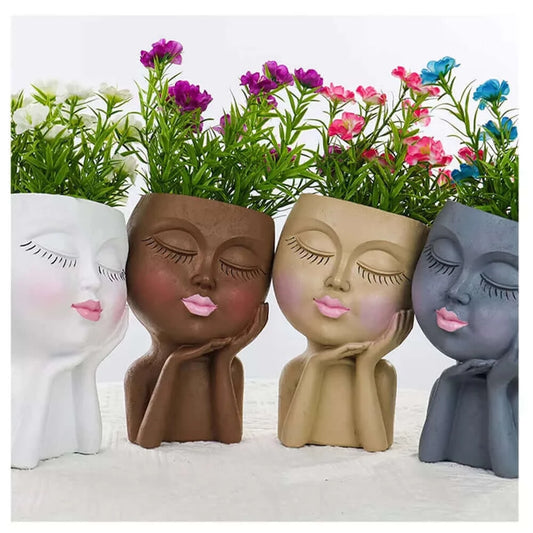 Little Girl Head Succulent Plant Flower Pot Floor Simple Character.