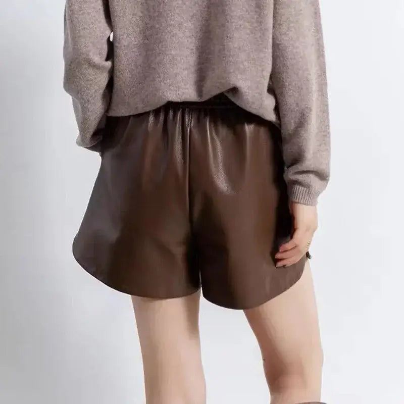 Goatskin Shorts for Women Italian Fashion Wide Leg Slim Drawstring Genuine Leather Pants Mujer Brown Pantalones Cortos  Clothing