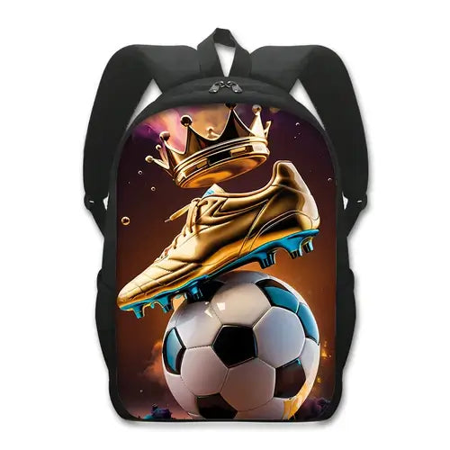 Cool Golden Soccer with Crown Print Backpack Football Sport Rucksack.