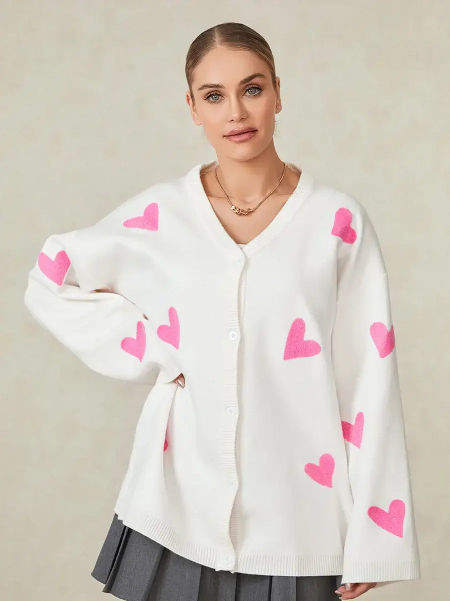 Women s Autumn Loose Knit Cardigan Heart Embroidery Long Sleeve V-Neck Sweater Button Down Jacket