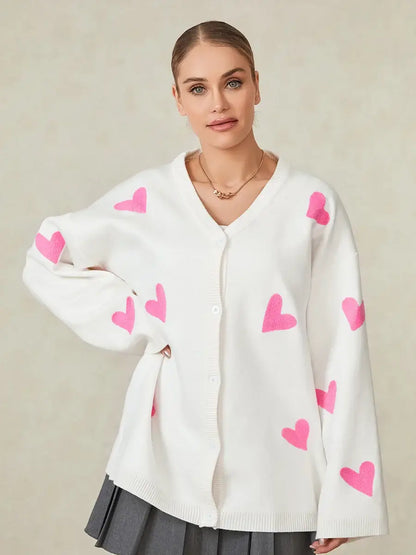 Women s Autumn Loose Knit Cardigan Heart Embroidery Long Sleeve V-Neck Sweater Button Down Jacket