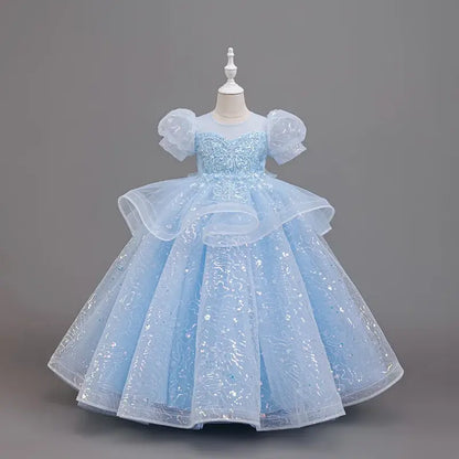 New High-End Luxury Flower Girl Wedding Show Performance Dress for Girls, Puff Sleeve Sequin Princess Dress