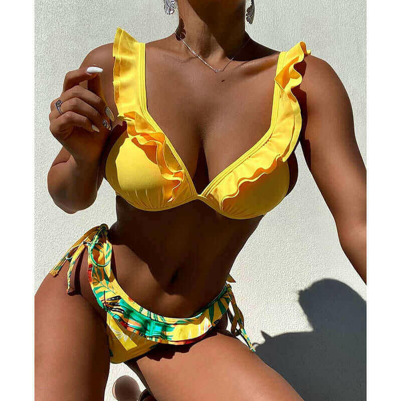 Tropical Print Swimsuit Ruffle Sexy Swimwear