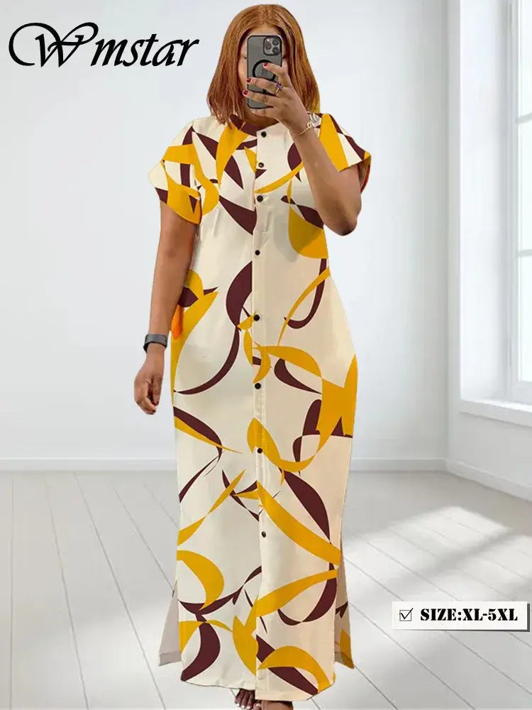 Wmstar Plus-Size Printed Collared Maxi Dress