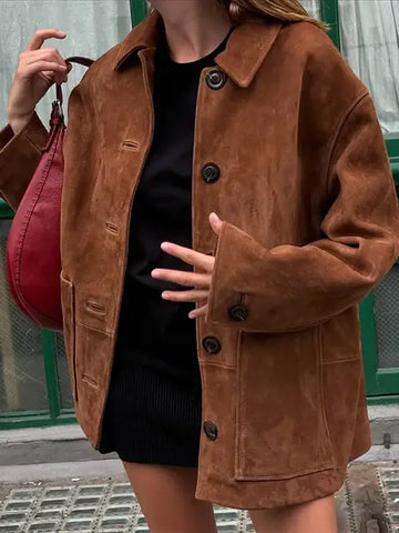 Vintage Brown Suede Leather Blazer Jackets For Women Fashion Lapel