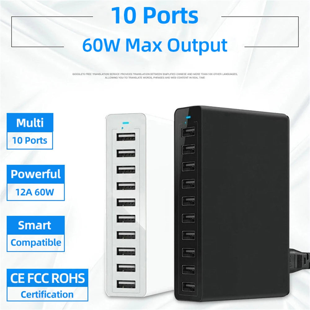 ILEPO 60W 10-Port USB Charging Station – Multi-Device Desktop Charger | iPhone, iPad, Samsung, Xiaomi | US/EU/UK/AU/KR Plug