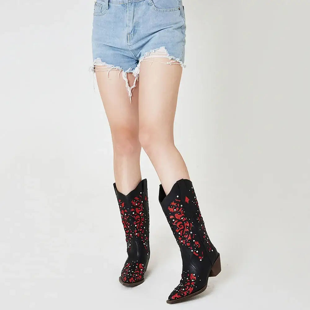 GIGIFOX Cowgirl Rhinestone Western Mid-Calf Boots For Woman Block Mid Heel Pull-On Pointed Toe Hollow Out Retro Cowboy Boots