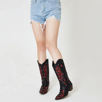 GIGIFOX Cowgirl Rhinestone Western Mid-Calf Boots For Woman Block Mid Heel Pull-On Pointed Toe Hollow Out Retro Cowboy Boots