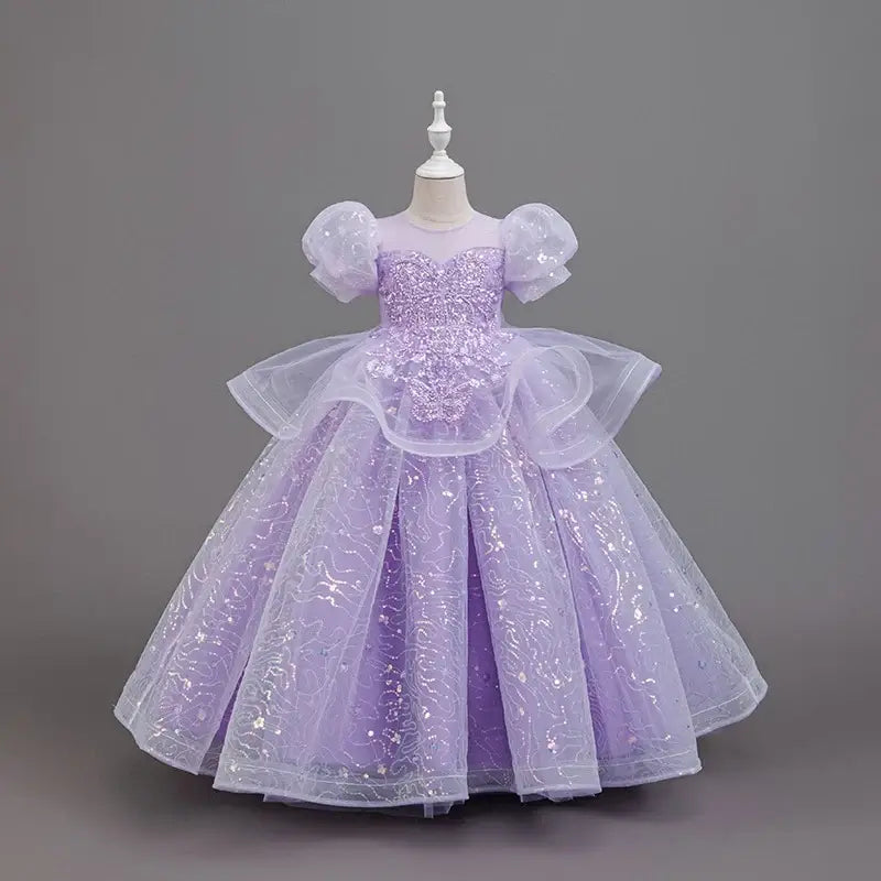 New High-End Luxury Flower Girl Wedding Show Performance Dress for Girls, Puff Sleeve Sequin Princess Dress