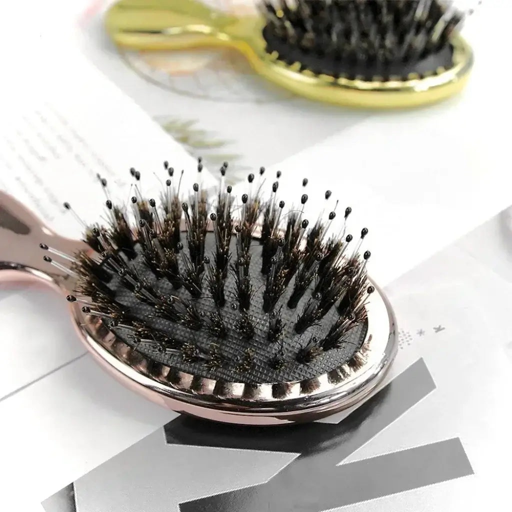 Mini Boar Bristle Hair Brush Small Hair Brush for Travel Mirror Comb