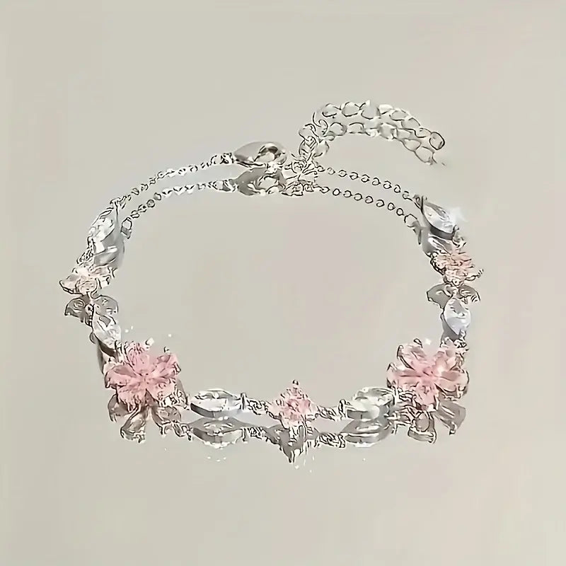 Aesthetic Sakura Flower Adjustable Link Bracelet, Delicate Cherry Blossom Wrist Chain for Women Teens, Sweet Shimmering Floral Everyday Jewelry, Romantic Birthday Gift for Her