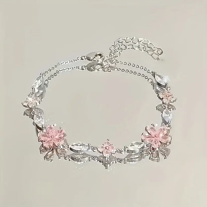 Aesthetic Sakura Flower Adjustable Link Bracelet, Delicate Cherry Blossom Wrist Chain for Women Teens, Sweet Shimmering Floral Everyday Jewelry, Romantic Birthday Gift for Her