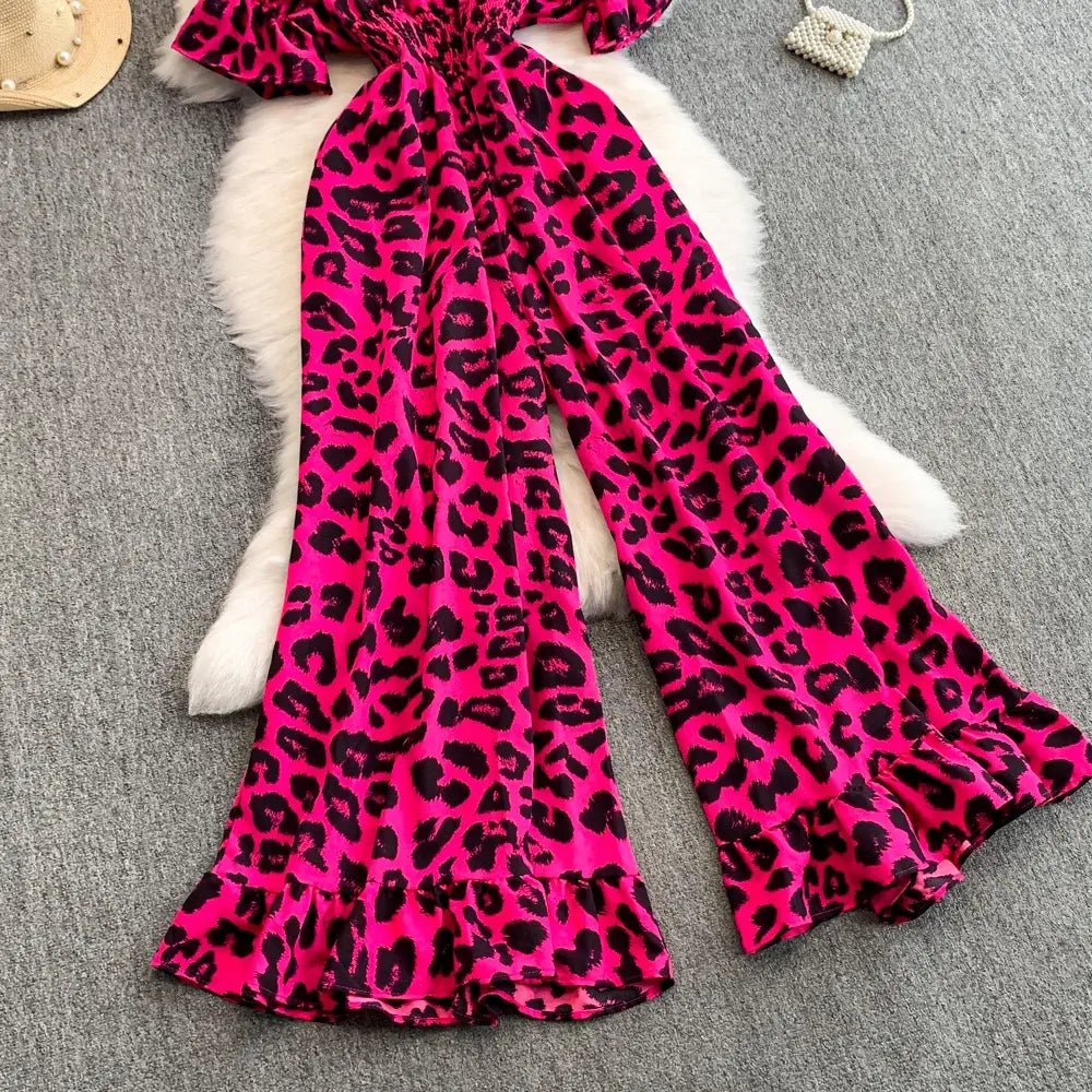 Elegant V-Neck Leopard Print Jumpsuit for Summer