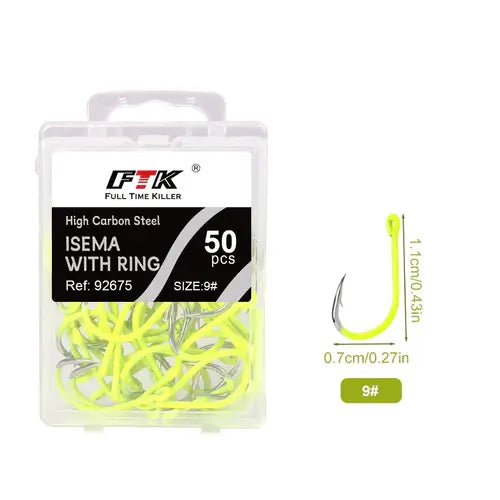 FTK 50PCS Sharp High-carbon Steel Fishhooks Barbed Fluorescent Fishing.