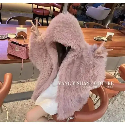 Trendy Hooded Faux Fox Fur Coats super Warm Winter Furry Jacket Women