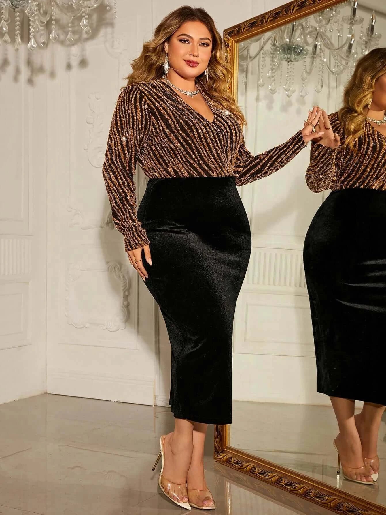 1XL 4XL Plus Size Dress Deep V Long Sleeve Sequins Wrap Party Dress