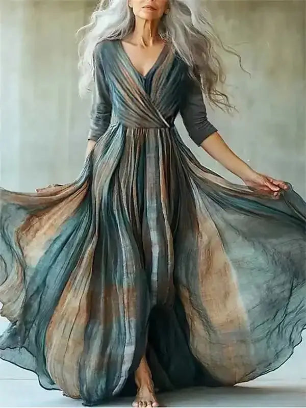 New Bohemian Style Long Sleeve Mesh Dress Vacation Vibes Full Skirt Chiffon Dress V-neck Ankle-length Regular Waistline