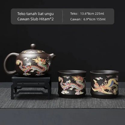 Ceramic Purple Clay Teapot Color-changing Dragon and Phoenix Design Teapot Tea Cup Set Hand-made Infuser Teapot Tea Maker