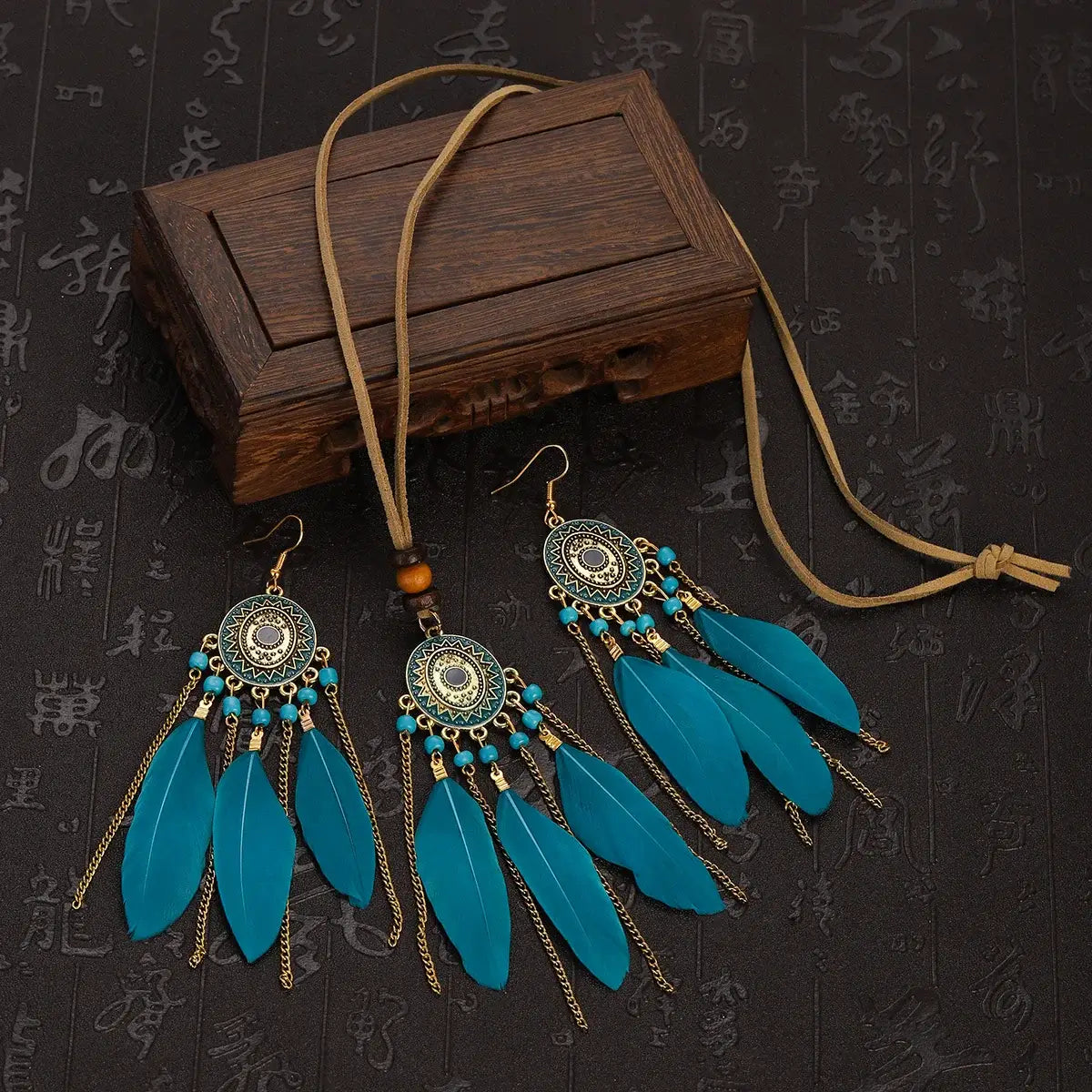 2pcs Feather Necklace Earring Set Women&