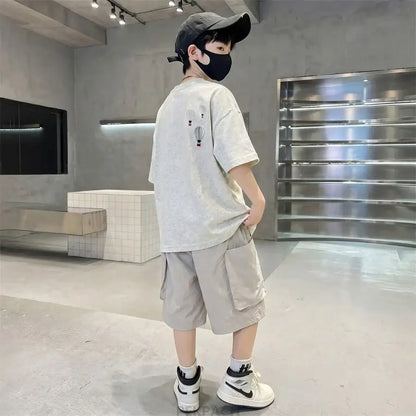 Fashion Boys Summer Outfit T-shirt Shorts Sports Set Children Top and Bottom Tracksuit Set Kids Casual Cotton Sportswear 5-14Y