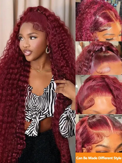 250 Density Deep Wave 99J Burgundy 13x4 Lace Frontal Wig Human Hair 13x6 Curly 30 40 Inch HD Lace Front Wigs Red Wine Water Wave