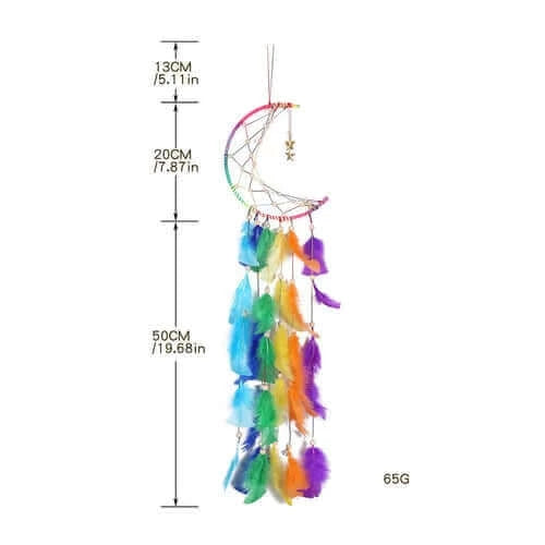 Moon Rainbow Color Feathers Beads Pure Handmade Long Dream Catcher.