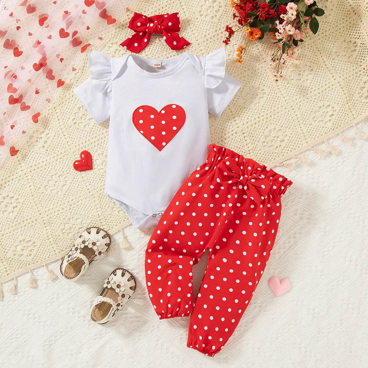 3PCS Newborn Baby Girl Clothes Set Love Heart Long Sleeve Romper+Pant+Headband Fashion Outfits for Toddler Girl 0-18 Months