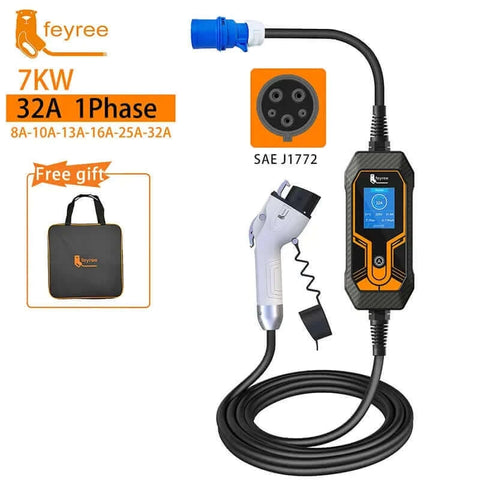 feyree Portable EV Charger Wallbox Type2 Cable 32A 7KW with CEE Plug