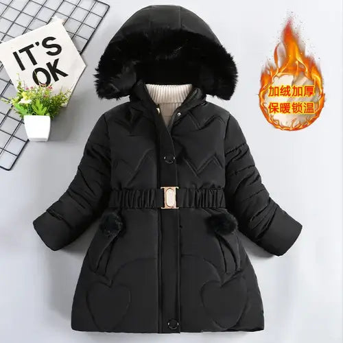 Thick Keep Warm Winter Girls Jacket Detachable Hat Plush Collar Hooded