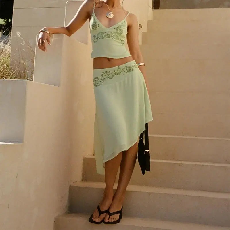 Women 2 Piece Skirt Outfit Boho Floral Spaghetti Strap Backless Tie Up Cami Crop Top Irregular Hem Midi Skirt Holiday Beachwear