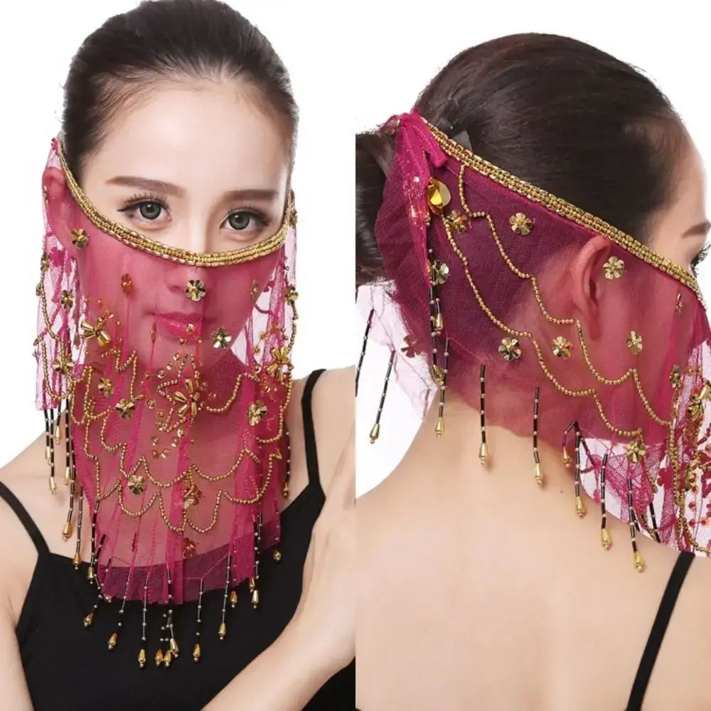 Lake Blue Color with Beaded Masquerade Party Belly Dancing Veils Face Veil Costumes Mesh Face Veil Indian Belly Dance Veil