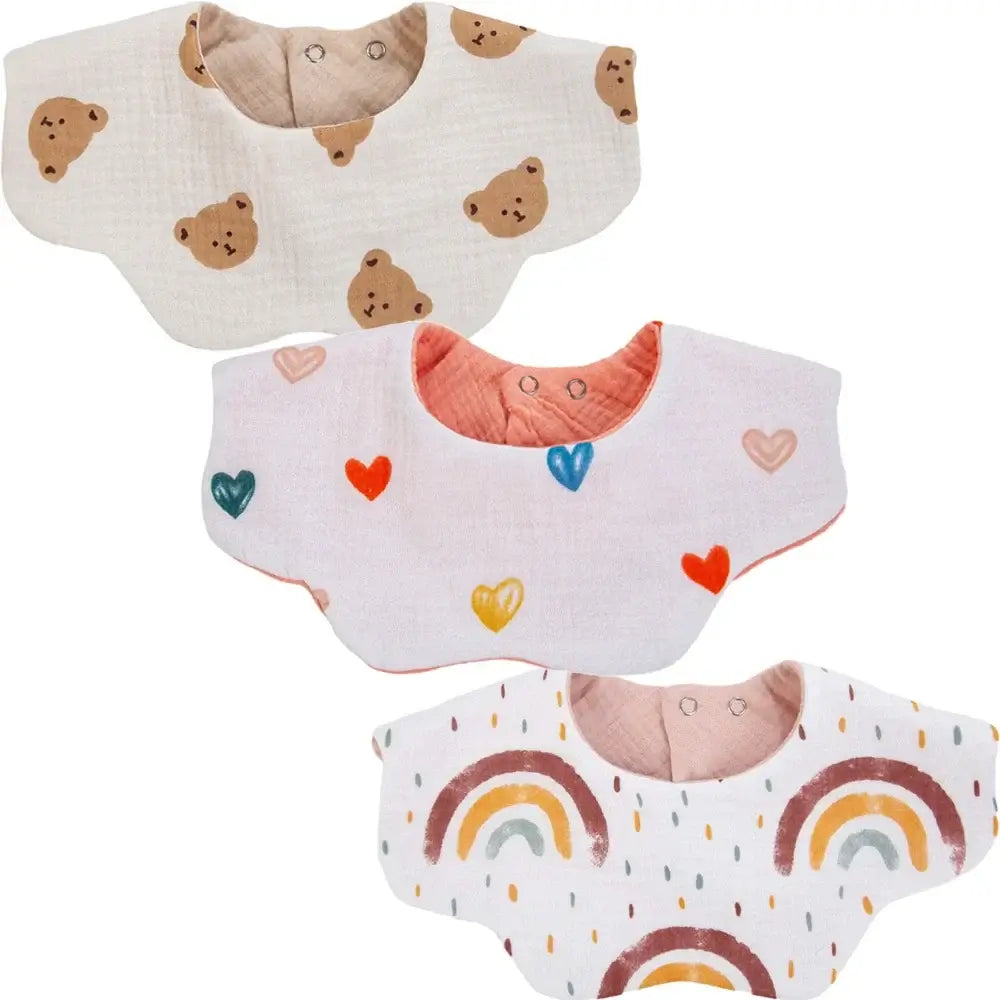 3Pcs/Lot Cute Bear Flower Print Baby Bibs Muslin Cotton Double Side Infant Boys Girls Feeding Burp Cloths Thicken Adjustable Bib
