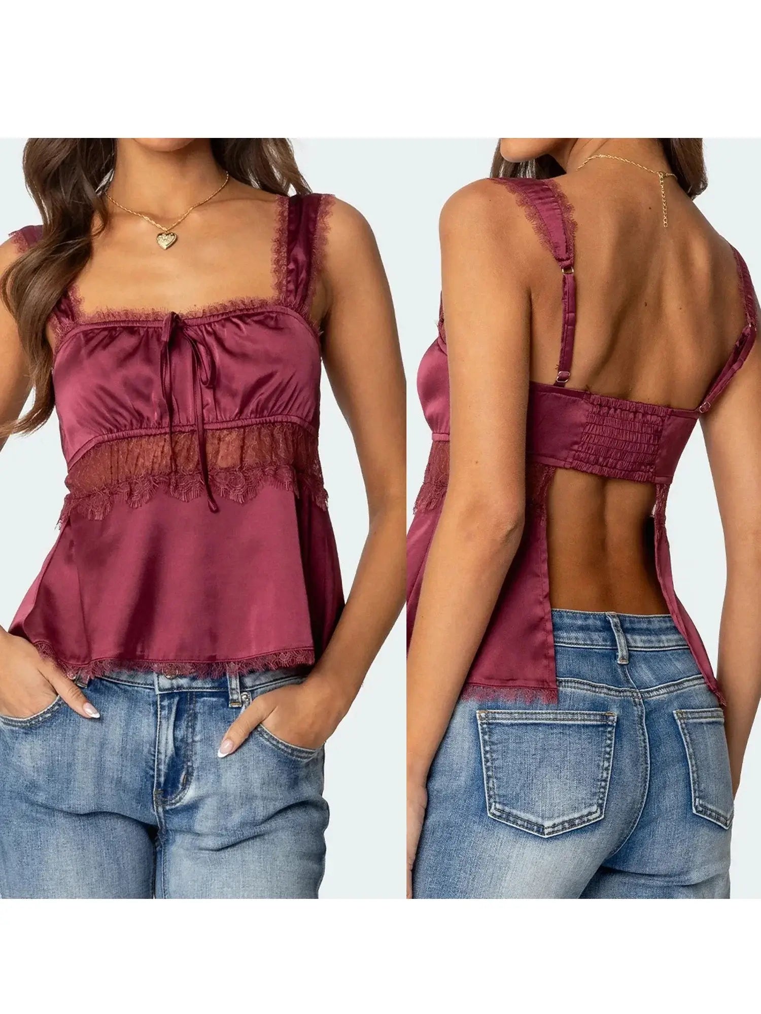 Women s Lace Trim Sleeveless Babydoll Tank Top with Square Neck and Backless Design  Fit Crop Shirt for Summer Streetwear