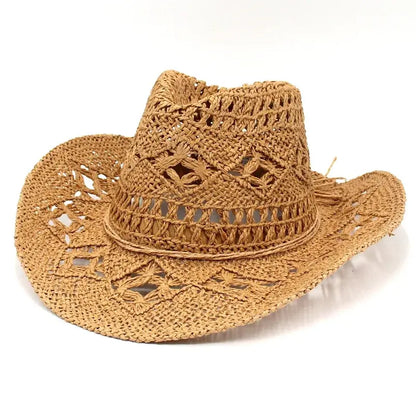 Straw Hat for Women Men Summer Handmade Classic Vintage Hollow Out Western Curled Wide Brim Sun Hat Fishing Hat Climbing Cap