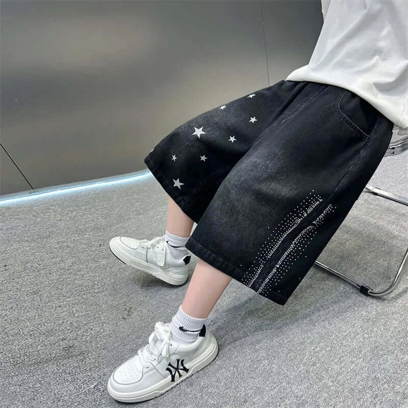 Kids Vintage Black Denim Shorts For Boys Casual Summer Shorts Teenager Children Retro Straight Knee-Length Printing Jeans Pants