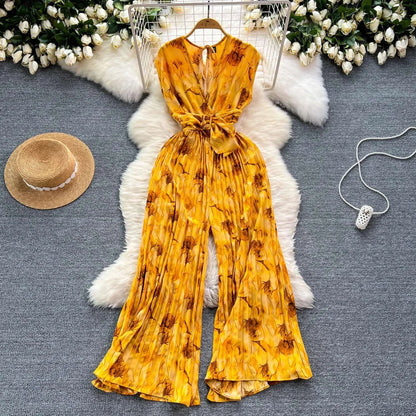 Chic Summer Jumpsuit - Abstract Print Wide Leg Romper