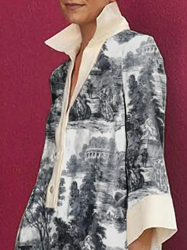 2025 Spring Summer Women Vintage Printed Party Evening Mini Dresses Long Sleeves Loose Lapel Short Shirts Dress
