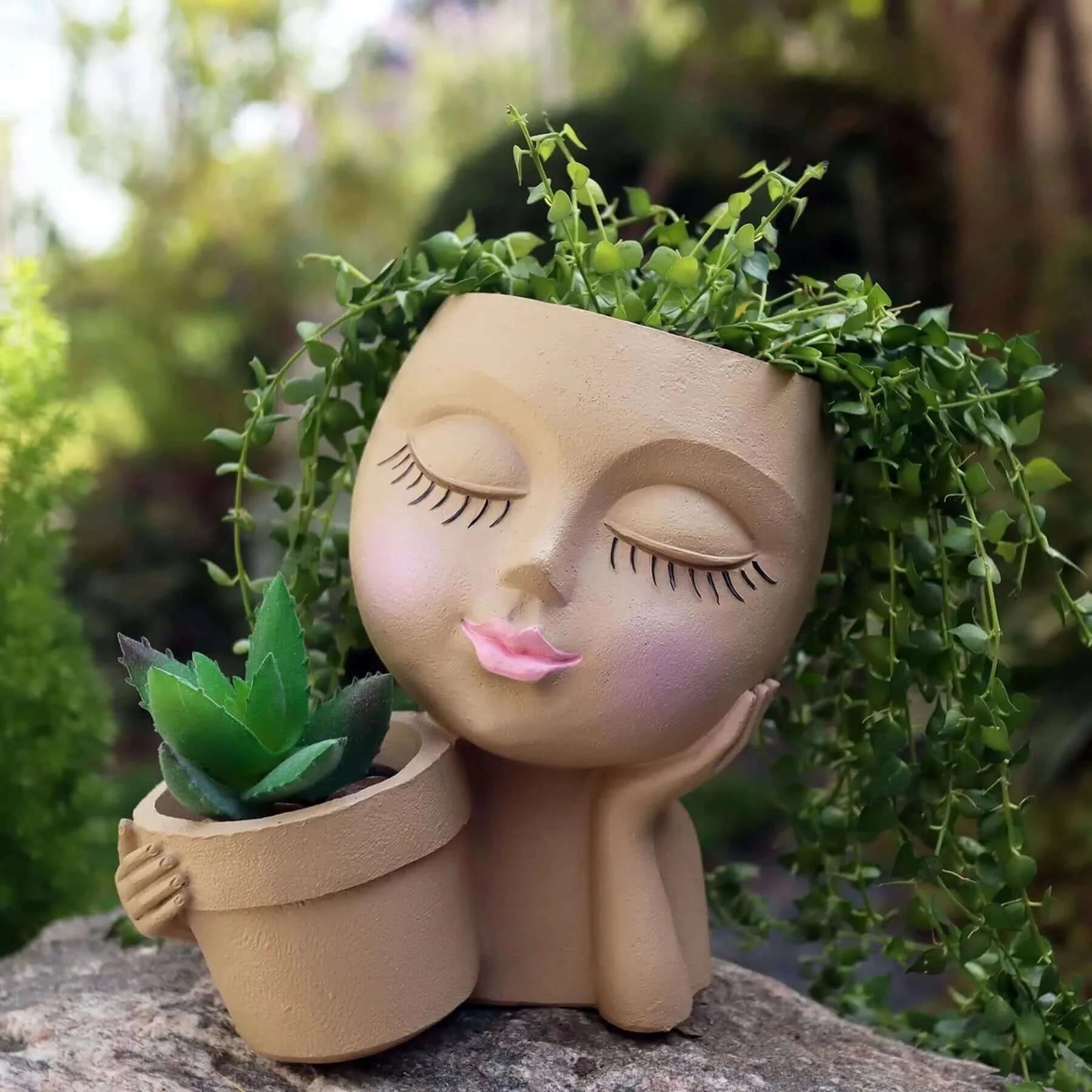 Girls Face Head Flower Planter Closed Eyes Figure Sculpture Resin.