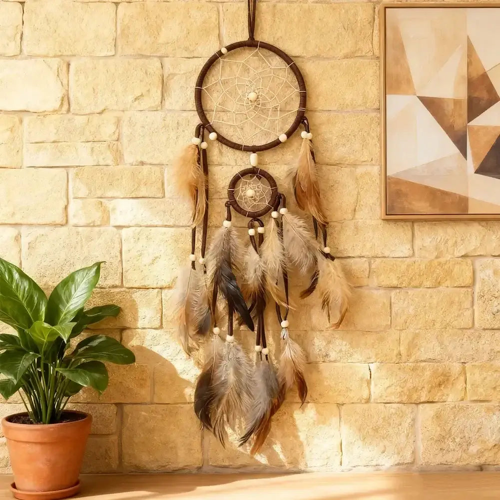 1Pc Wind Chime Dream Catcher with Light Indian Dream Catcher with Brown Feathers Wall Hanging Dream Catcher Bedroom Accessories