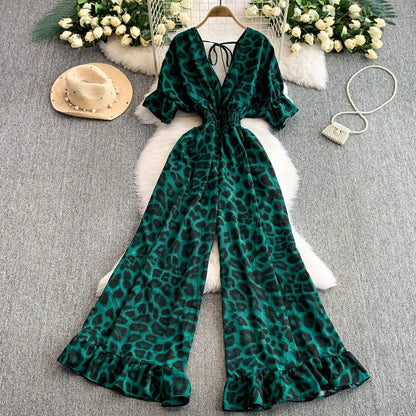 Elegant V-Neck Leopard Print Jumpsuit for Summer
