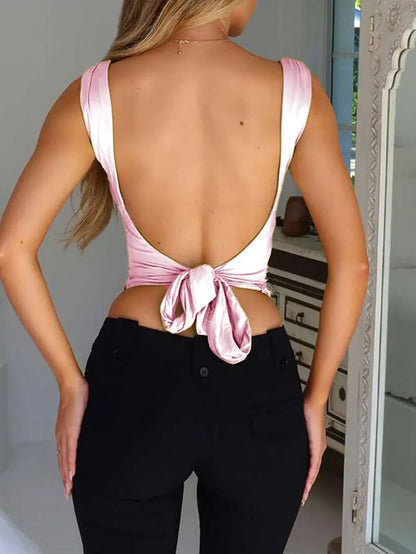 Women Crop Top V Neck Tops Casual Backless Vest Tops Summer Sleeveless Sling Top Sexy Blouse Tank Top Peach XL