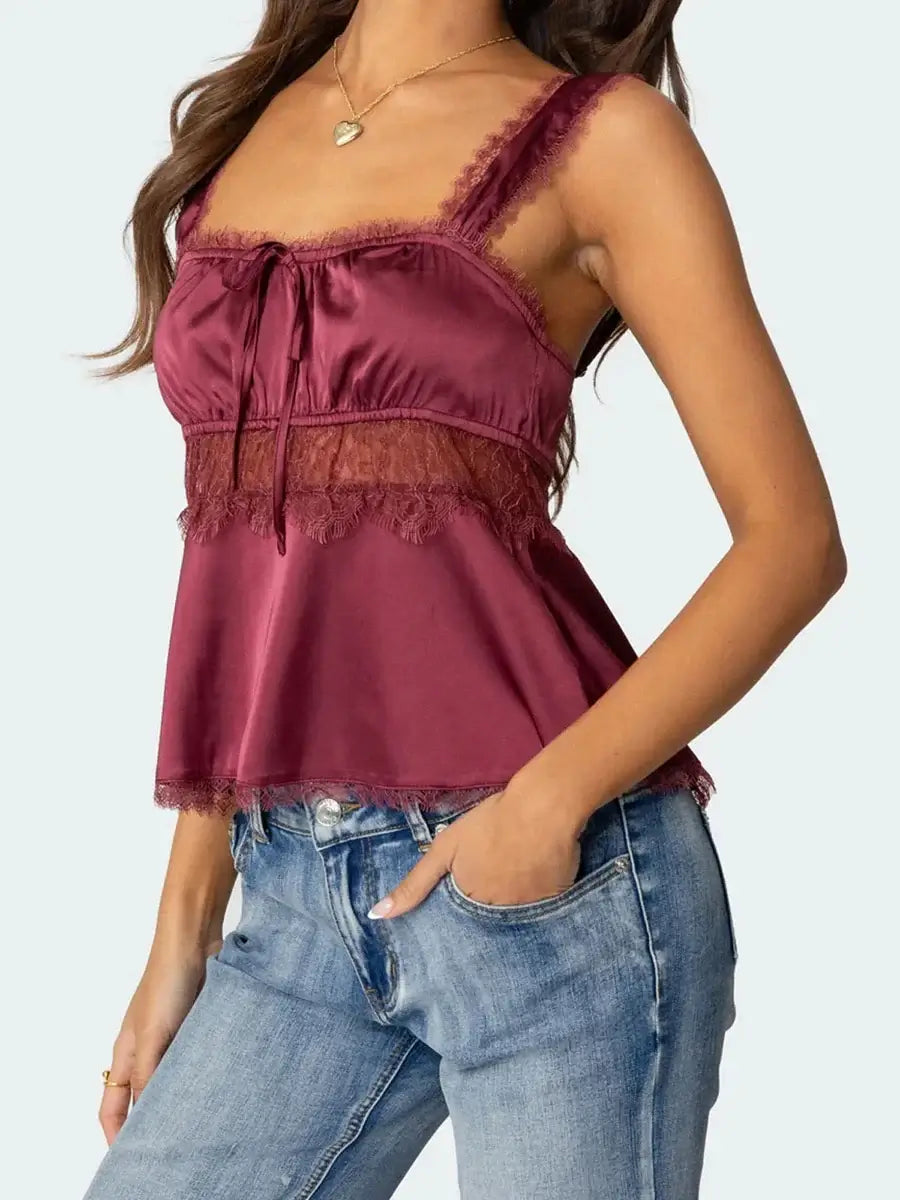 Women s Lace Trim Sleeveless Babydoll Tank Top with Square Neck and Backless Design  Fit Crop Shirt for Summer Streetwear