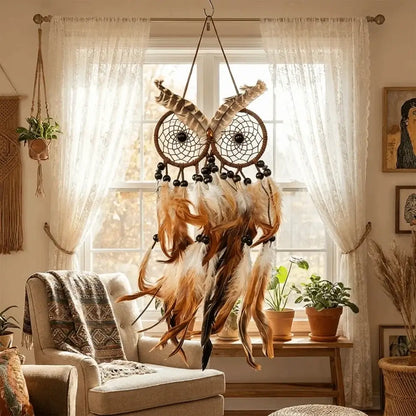 Nordic Style Owl Shaped Dream Catcher Handcrafted Brown Feathers Wind Chimes Circular Net Dreamcatcher Net Bedroom