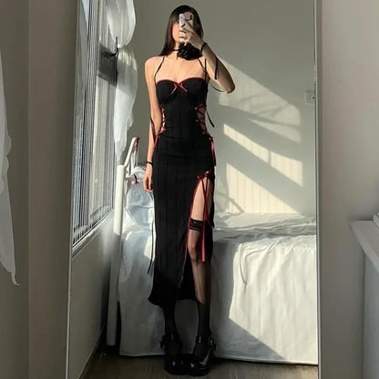 Gothic Sexy Bow Applique High Slit Dress | WhereMery