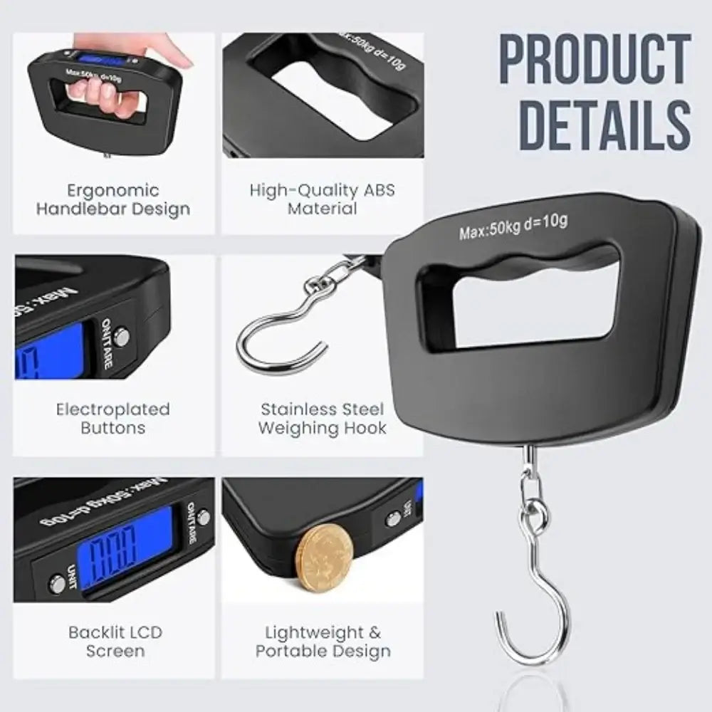 50Kg 10g Luggage Weight Scale, LCD Luggage Scale Travel Digital, Fish Scale, Home Electronic Portable Hanging Weight Hook Travel Luggage Scale