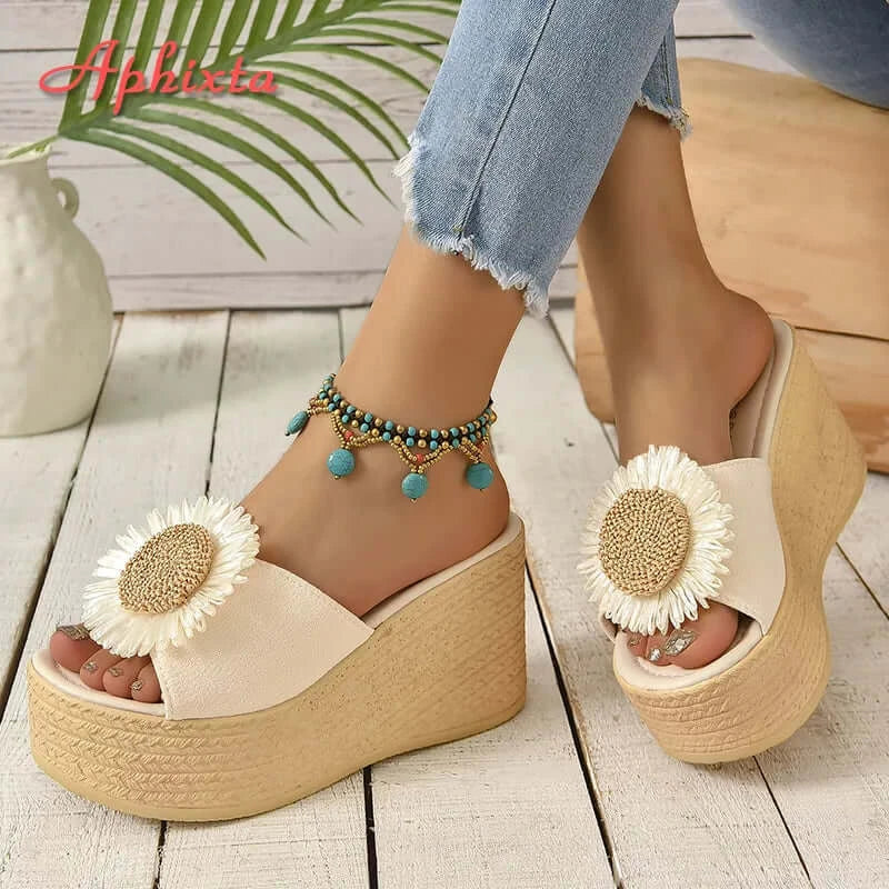 Aphixta Beige Summer 9cm Wedge Heels Slippers Women Bohemian Sunflower