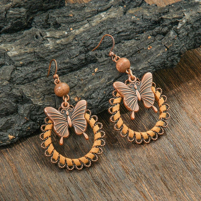 Vintage Butterfly Jewelry Set Pendant Double-layer Necklace log Style Handmade Winding PU Leather Sweater Chain Daily Wear Gifts