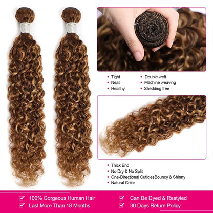 Water Wave Highlight Human Hair Bundles P4/27 Curly Brown Blonde Braiding Hair Bundles Water Wave Bundles Weaving Human Hair