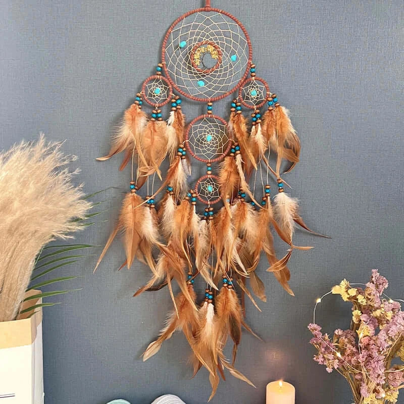 Dream Catcher Handmade Crystal Stone Brown Feathers Wind Chimes Living Room Bedroom Hanging Ornaments Festival Gifts Home Decor