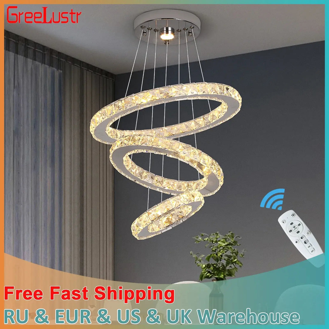 GreeLustr Crystal Ring LED Pendant Light, 1 or 3 Rings
